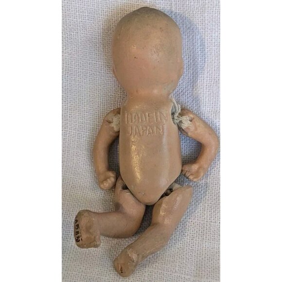 Bisque Jointed Baby Doll Japan Stringed Stamped Mouth Miniature Porcelain Vtg 4" - Picture 9 of 16
